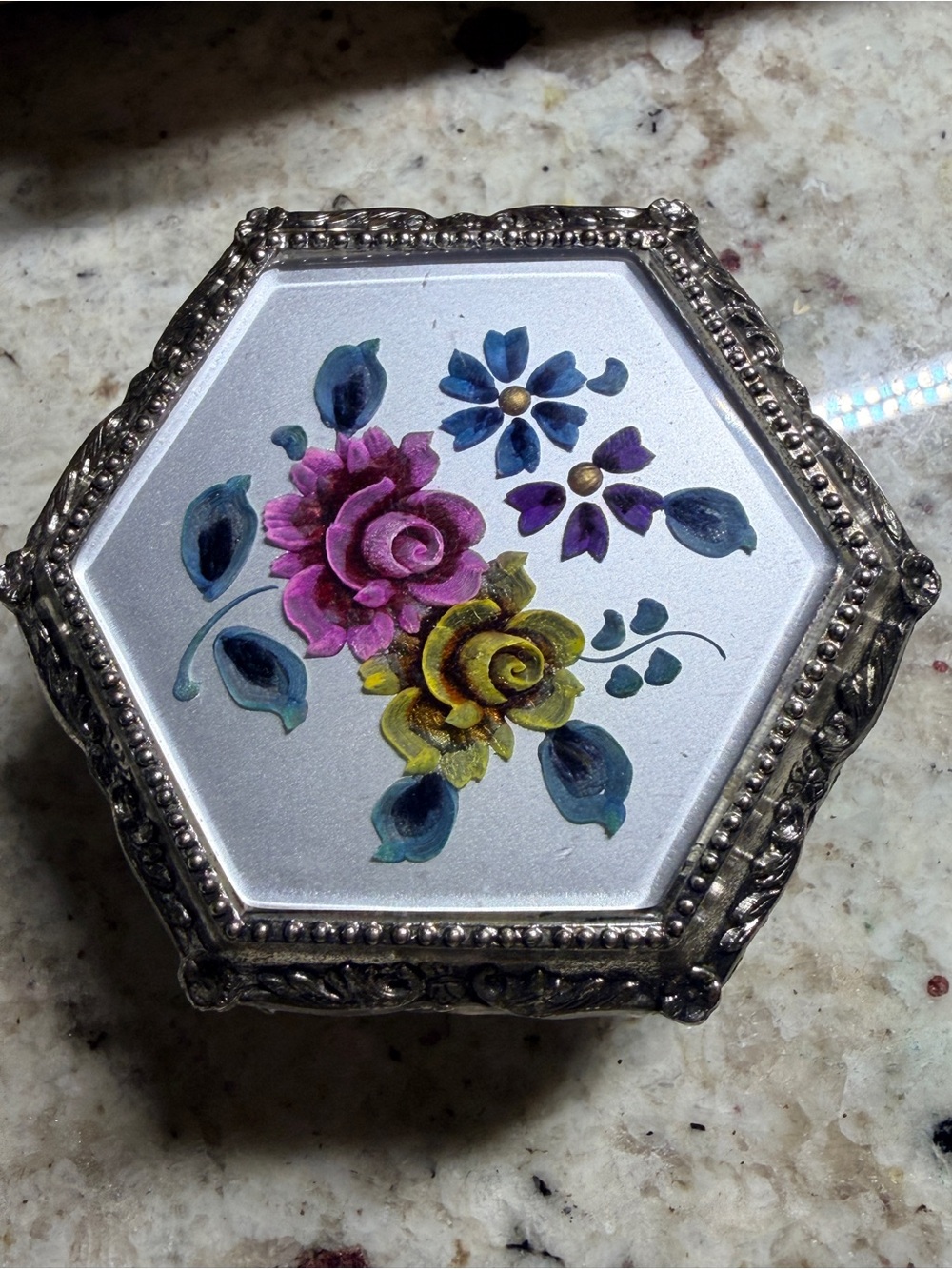 Vintage silver toned trinket music box Mele made in Japan